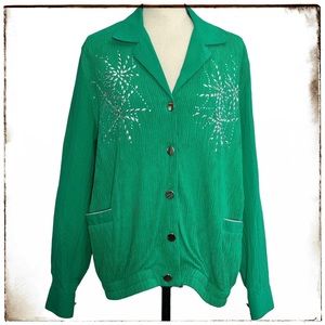 🎄Regal Blazer S Green Vintage Crepé Jacket Christmas Snowflakes